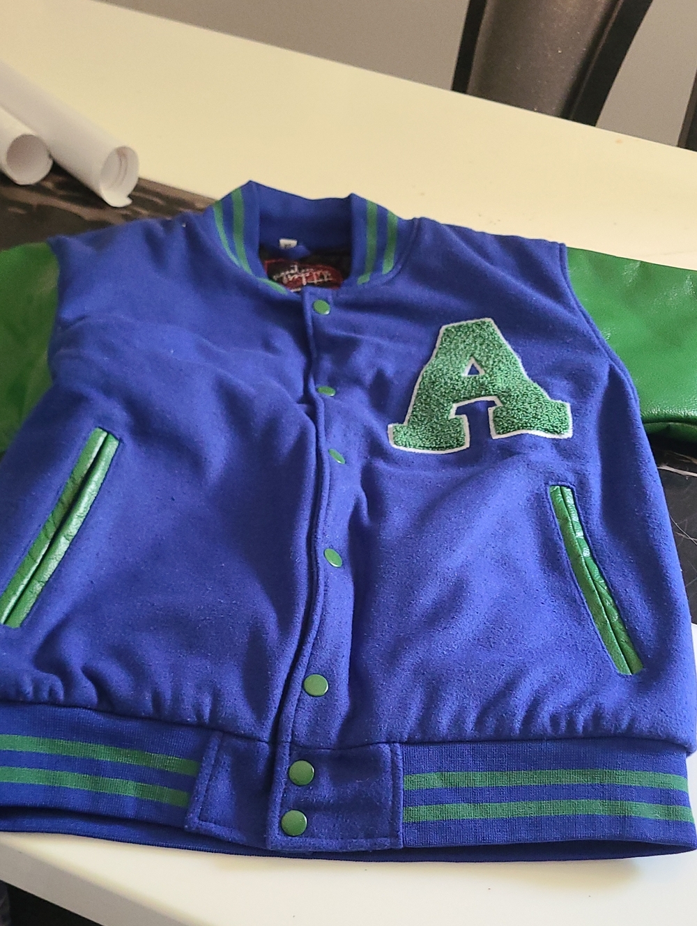 Kids Blue and Green Letterman Jacket with 'A' Patch